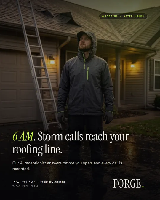 Social post image with the headline: 6 AM. Storm calls reach your roofing line.